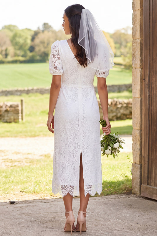 Ivory Floral Bodycon V-Neck Lace Midi Boho Wedding Dress with Sleeves