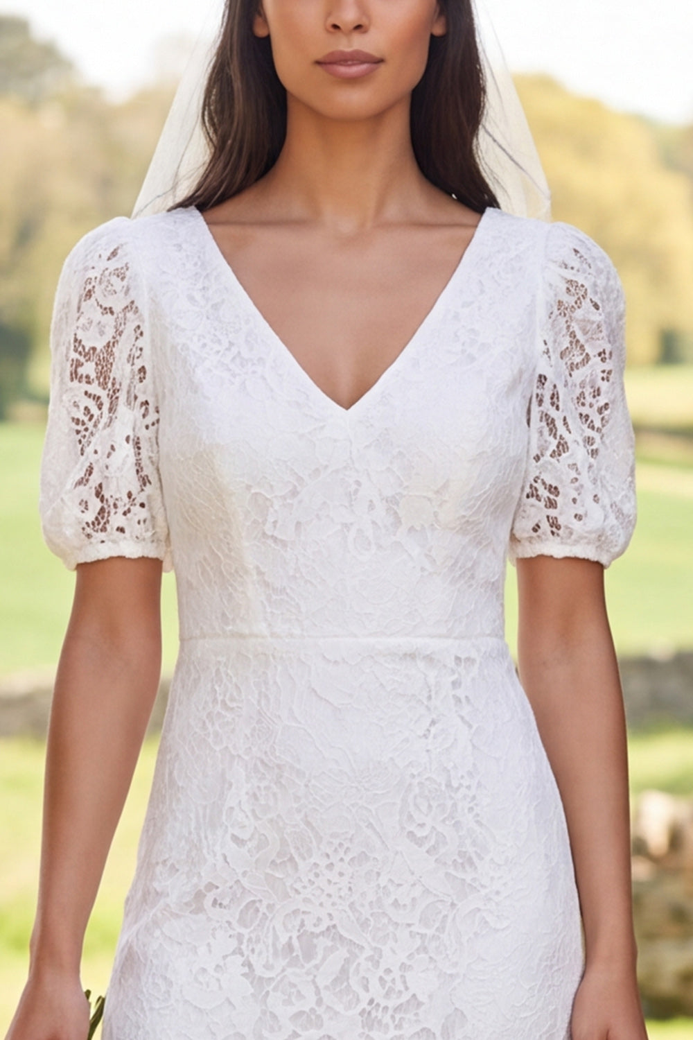 Ivory Floral Bodycon V-Neck Lace Midi Boho Wedding Dress with Sleeves