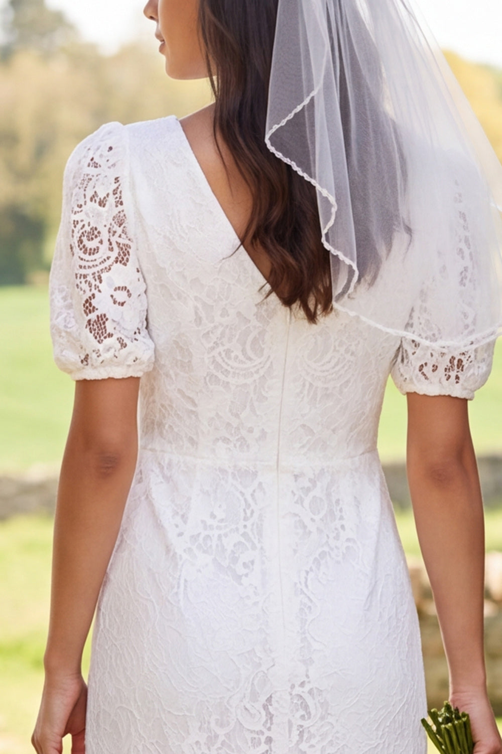 Ivory Floral Bodycon V-Neck Lace Midi Boho Wedding Dress with Sleeves