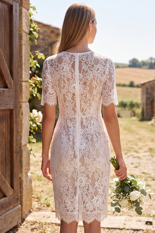 Ivory Bodycon Floral Round Neck Lace Midi Boho Wedding Dress with Sleeves