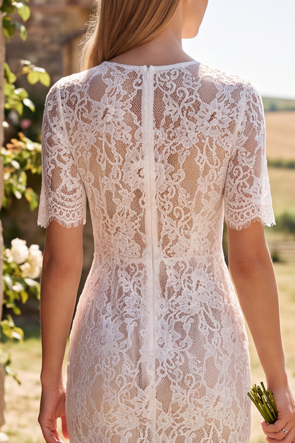 Ivory Bodycon Floral Round Neck Lace Midi Boho Wedding Dress with Sleeves