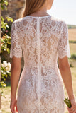 Ivory Bodycon Floral Round Neck Lace Midi Boho Wedding Dress with Sleeves