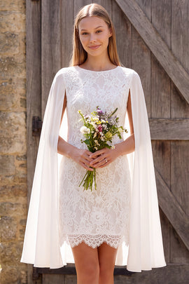 Ivory Tight Floral Lace Round Neck Short Boho Wedding Dress with Cape