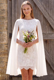 Ivory Tight Floral Lace Round Neck Short Boho Wedding Dress with Cape