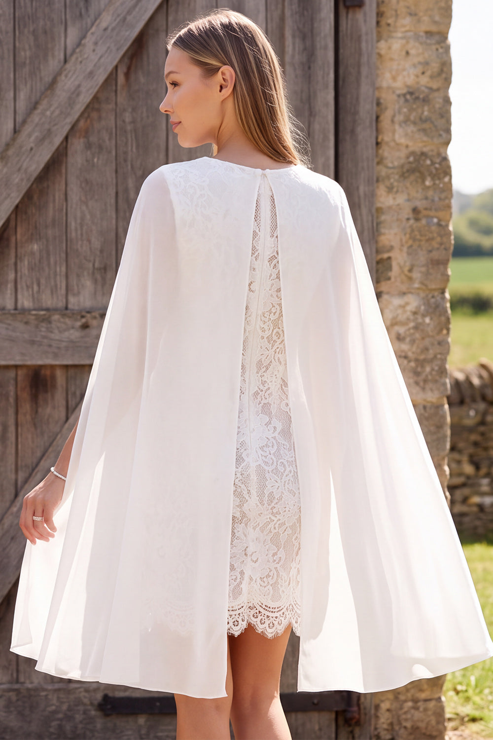Ivory Tight Floral Lace Round Neck Short Boho Wedding Dress with Cape