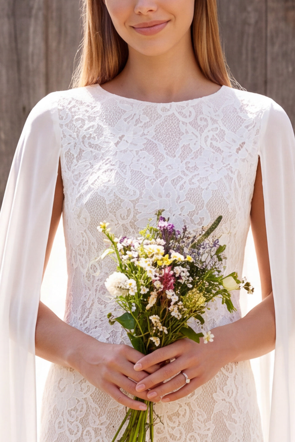 Ivory Tight Floral Lace Round Neck Short Boho Wedding Dress with Cape