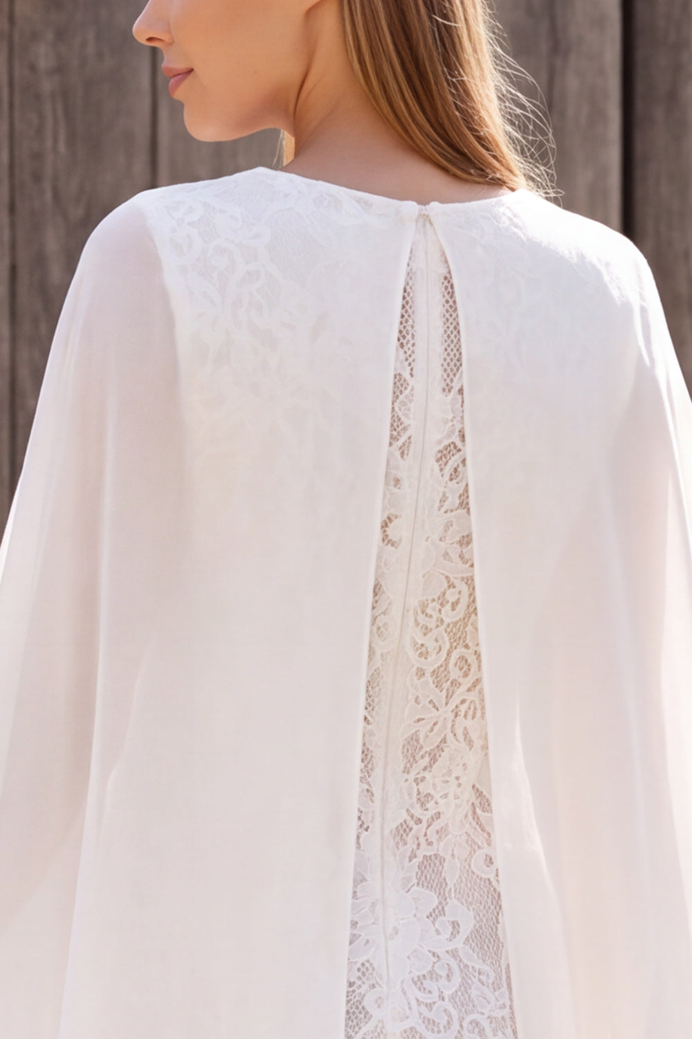 Ivory Tight Floral Lace Round Neck Short Boho Wedding Dress with Cape