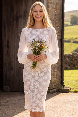 Ivory Sheath Bateau Neck Floral Long Sleeves Midi Wedding Dress