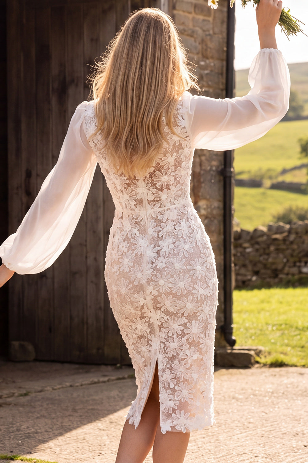 Ivory Sheath Bateau Neck Floral Long Sleeves Midi Wedding Dress