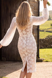 Ivory Sheath Bateau Neck Floral Long Sleeves Midi Wedding Dress