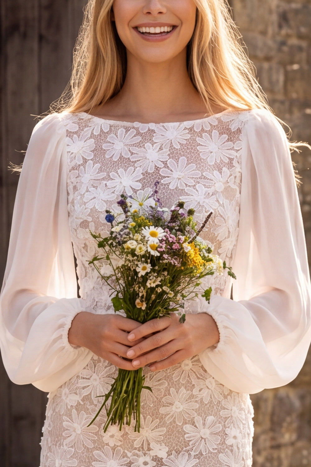 Ivory Sheath Bateau Neck Floral Long Sleeves Midi Wedding Dress
