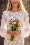 Ivory Sheath Bateau Neck Floral Long Sleeves Midi Wedding Dress