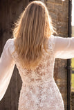 Ivory Sheath Bateau Neck Floral Long Sleeves Midi Wedding Dress