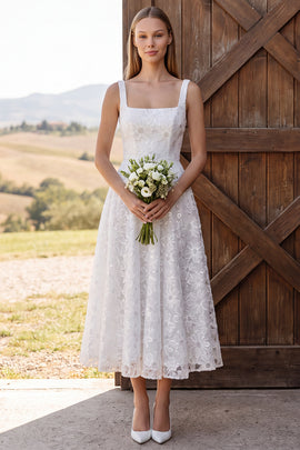 Floral Ivory A Line Sequin Lace Corset Midi Boho Wedding Dress