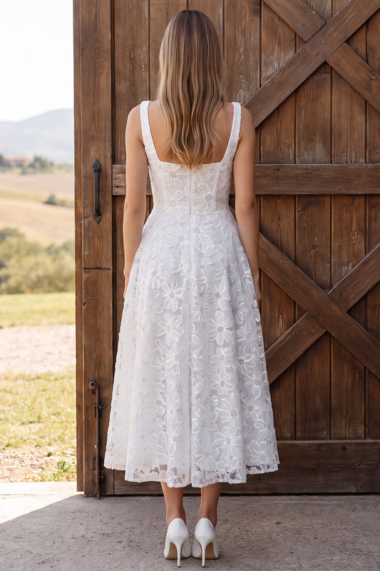 Floral Ivory A Line Sequin Lace Corset Midi Boho Wedding Dress