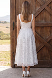 Floral Ivory A Line Sequin Lace Corset Midi Boho Wedding Dress