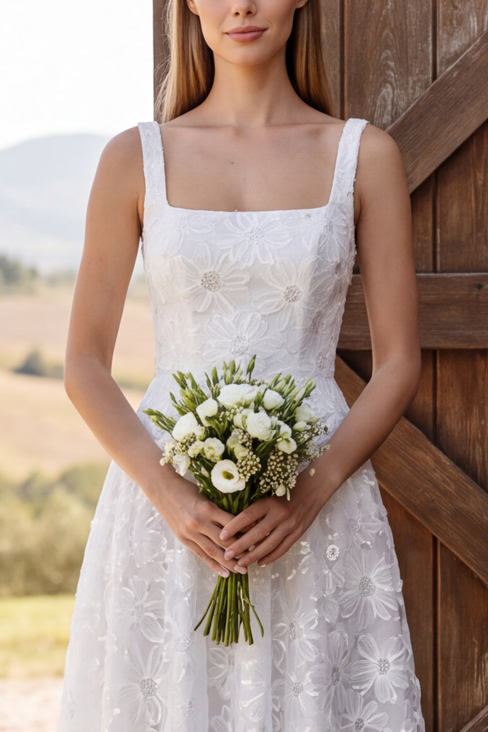 Floral Ivory A Line Sequin Lace Corset Midi Boho Wedding Dress