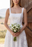 Floral Ivory A Line Sequin Lace Corset Midi Boho Wedding Dress