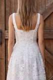 Floral Ivory A Line Sequin Lace Corset Midi Boho Wedding Dress