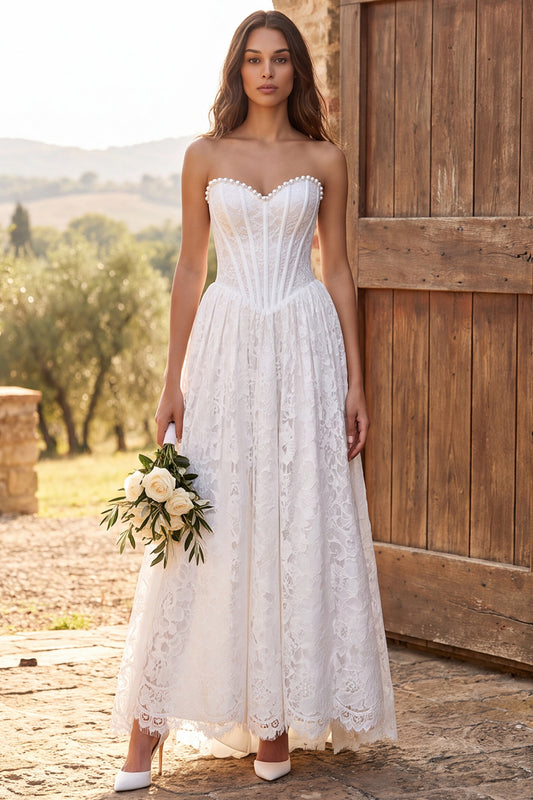 Ivory Corset A Line Sweetheart Lace Long Boho Wedding Dress with Pearls