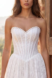 Ivory Corset A Line Sweetheart Lace Long Boho Wedding Dress with Pearls