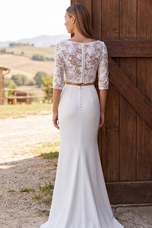 Ivory Two Piece Lace Boat Neck Sweep Train Wedding Dress with Slit