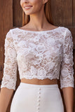 Ivory Two Piece Lace Boat Neck Sweep Train Wedding Dress with Slit