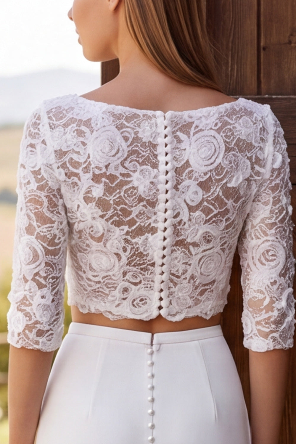 Ivory Two Piece Lace Boat Neck Sweep Train Wedding Dress with Slit