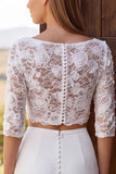 Ivory Two Piece Lace Boat Neck Sweep Train Wedding Dress with Slit