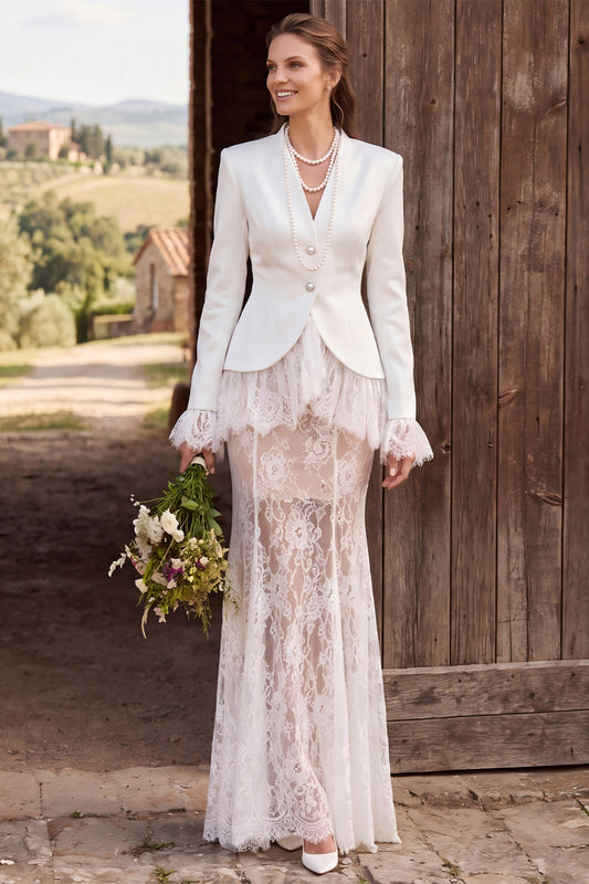 Ivory Two Piece Lace V-Neck Sweep Train Boho Blazer Wedding Outfits