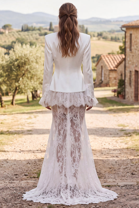 Ivory Two Piece Lace V-Neck Sweep Train Boho Blazer Wedding Outfits