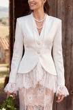 Ivory Two Piece Lace V-Neck Sweep Train Boho Blazer Wedding Outfits
