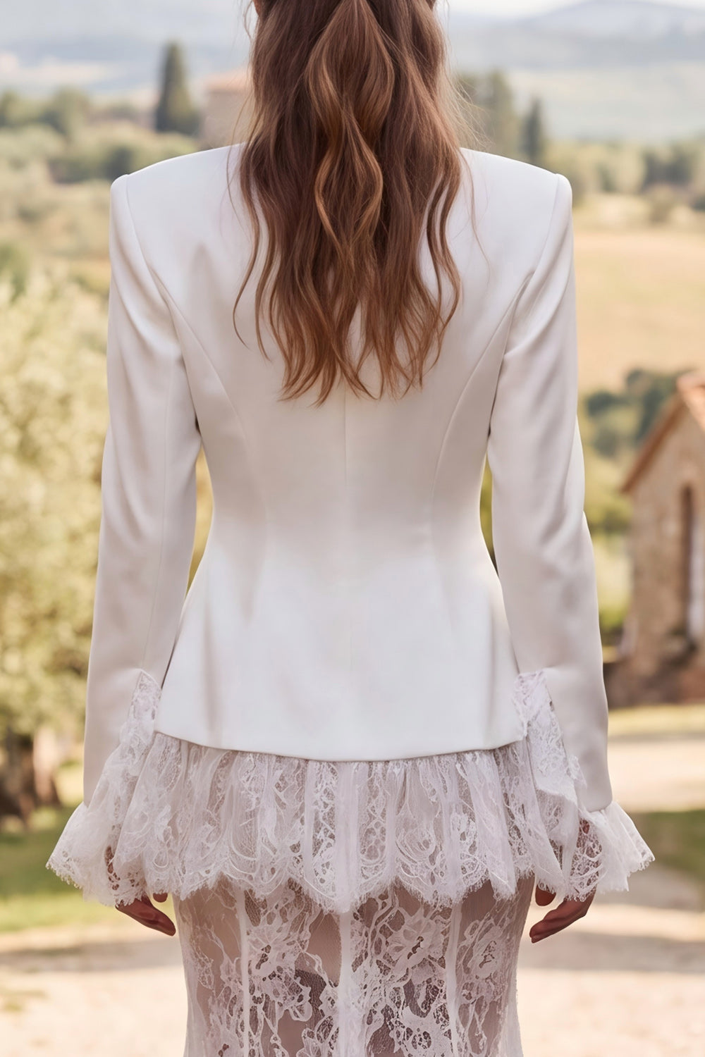 Ivory Two Piece Lace V-Neck Sweep Train Boho Blazer Wedding Outfits