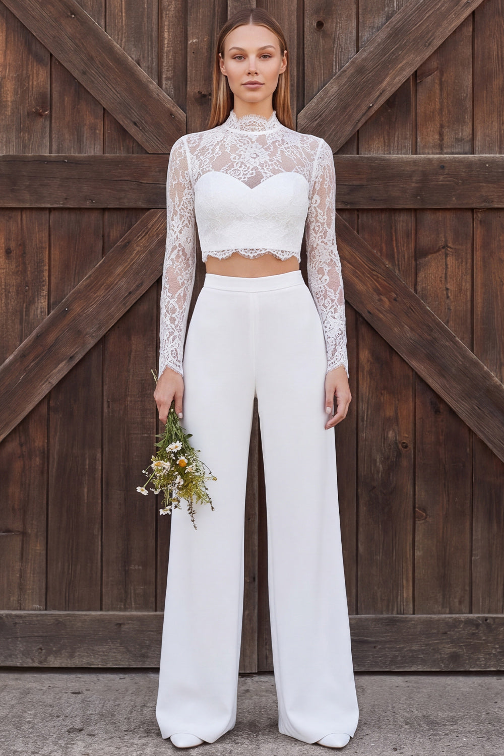 Ivory Lace Long Sleeves High Neck Two Piece Wedding Outfits
