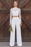 Ivory Lace Long Sleeves High Neck Two Piece Wedding Outfits