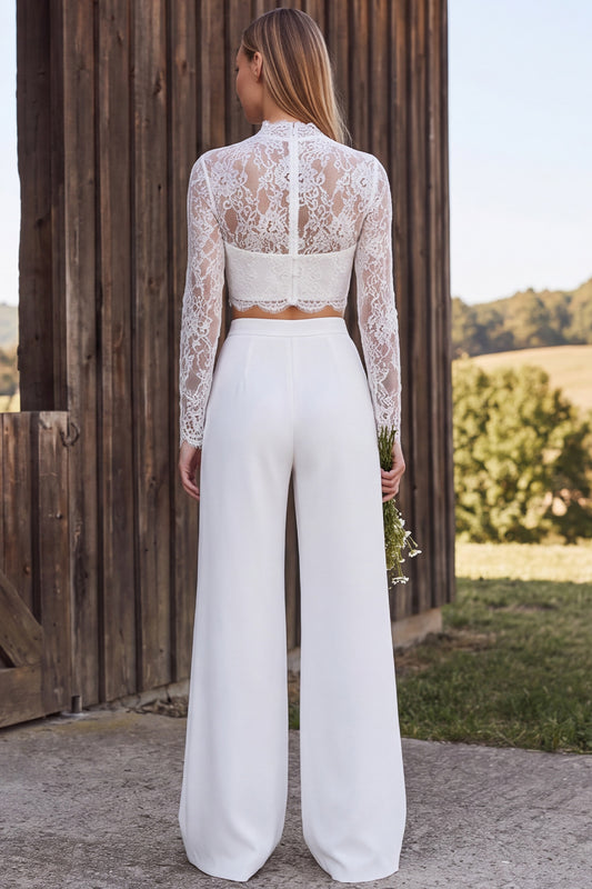 Ivory Lace Long Sleeves High Neck Two Piece Wedding Outfits