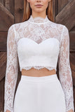 Ivory Lace Long Sleeves High Neck Two Piece Wedding Outfits