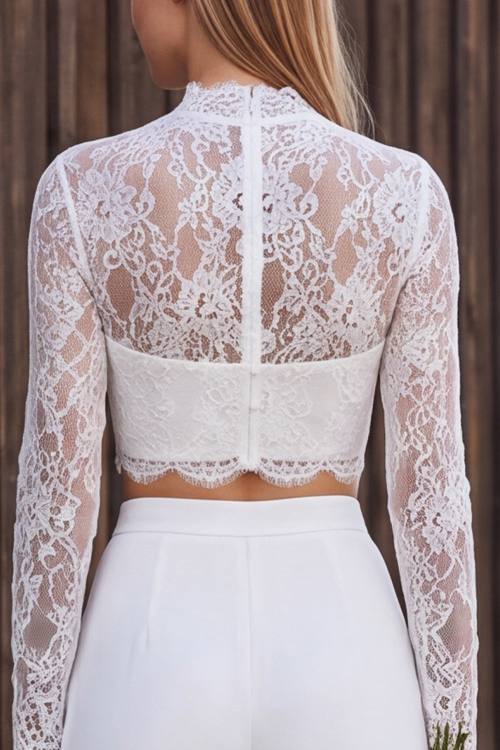 Ivory Lace Long Sleeves High Neck Two Piece Wedding Outfits