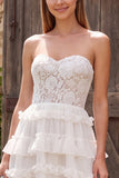 Ivory Chiffon Floral A Line Tiered Ruffled Long Beach Wedding Dress