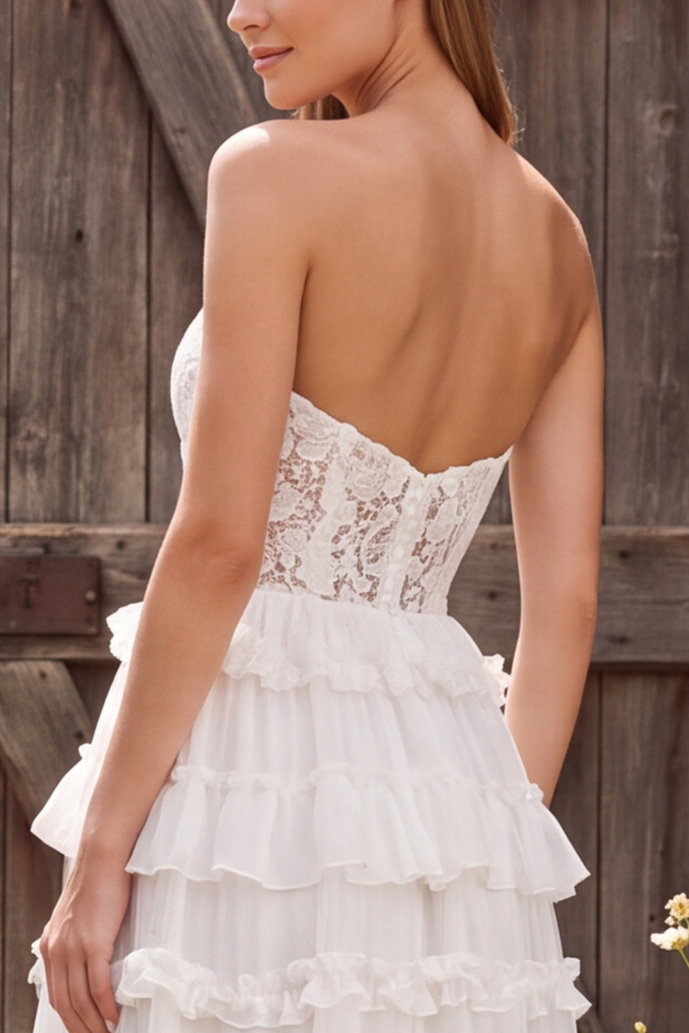 Ivory Chiffon Floral A Line Tiered Ruffled Long Beach Wedding Dress