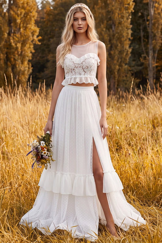 Ivory Floral Ruffled A Line Two Piece Sweep Train Beach Wedding Dress with Slit