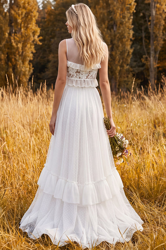 Ivory Floral Ruffled A Line Two Piece Sweep Train Beach Wedding Dress with Slit
