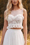 Ivory Floral Ruffled A Line Two Piece Sweep Train Beach Wedding Dress with Slit