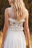 Ivory Floral Ruffled A Line Two Piece Sweep Train Beach Wedding Dress with Slit