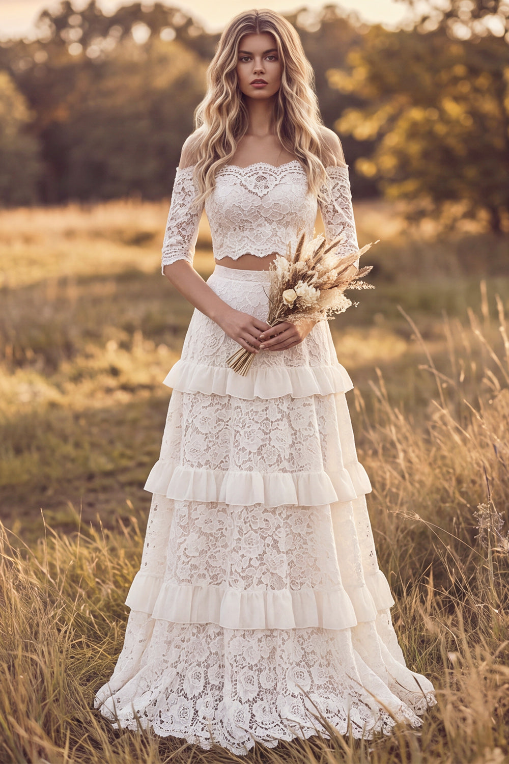 Ivory Two Piece Floral Tiered Ruffled Sweep Train A Line Lace Boho Wedding Dress