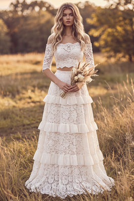 Ivory Two Piece Floral Tiered Ruffled Sweep Train A Line Lace Boho Wedding Dress