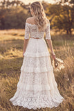 Ivory Two Piece Floral Tiered Ruffled Sweep Train A Line Lace Boho Wedding Dress