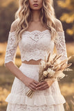 Ivory Two Piece Floral Tiered Ruffled Sweep Train A Line Lace Boho Wedding Dress