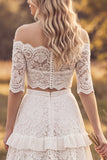 Ivory Two Piece Floral Tiered Ruffled Sweep Train A Line Lace Boho Wedding Dress
