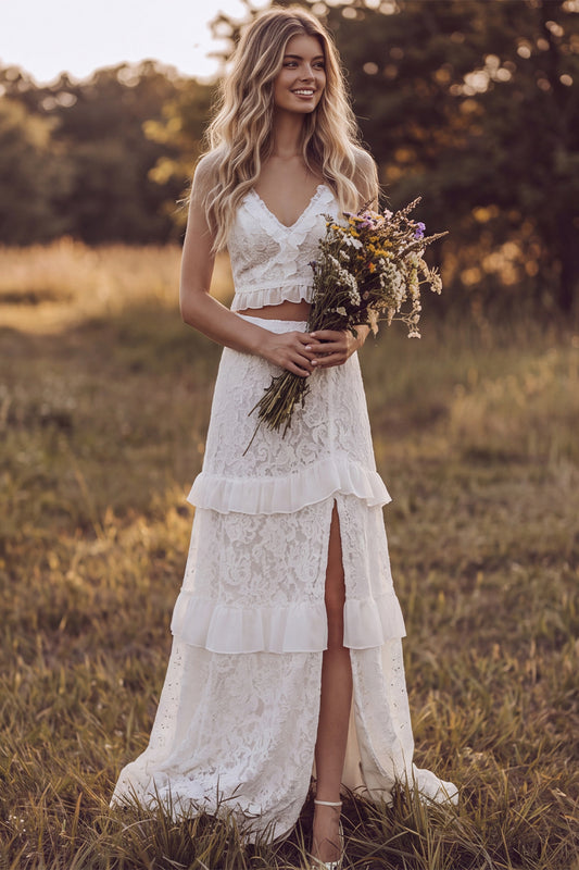 Ivory Floral Two Piece V-Neck Ruffled Sweep Train Lace Boho Wedding Dress with Slit